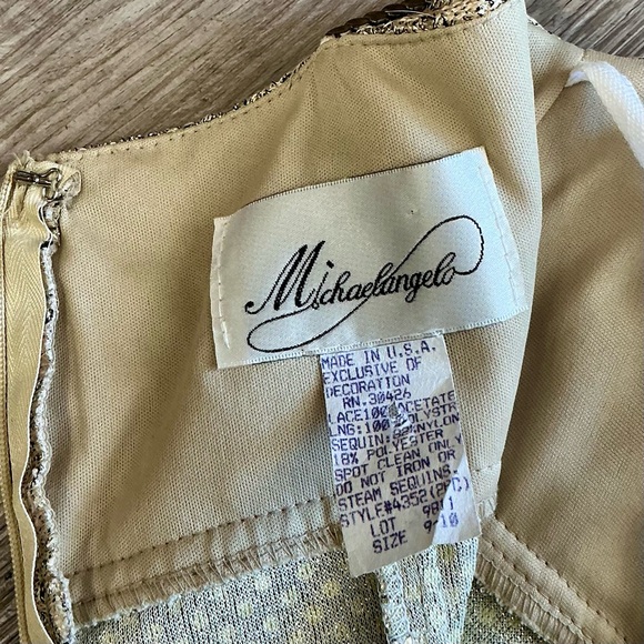 Vintage 90s Y2K Michelangelo Rhinestone Spaghetti Strap Gold Crochet Sequin Gown - Picture 14 of 14